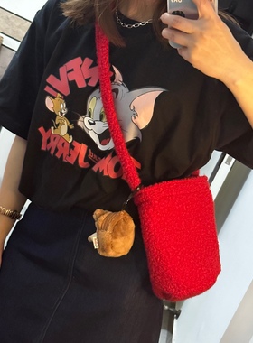 Nov.okk自制小包包女可爱少女水桶包毛绒斜挎包简约ins风单肩包