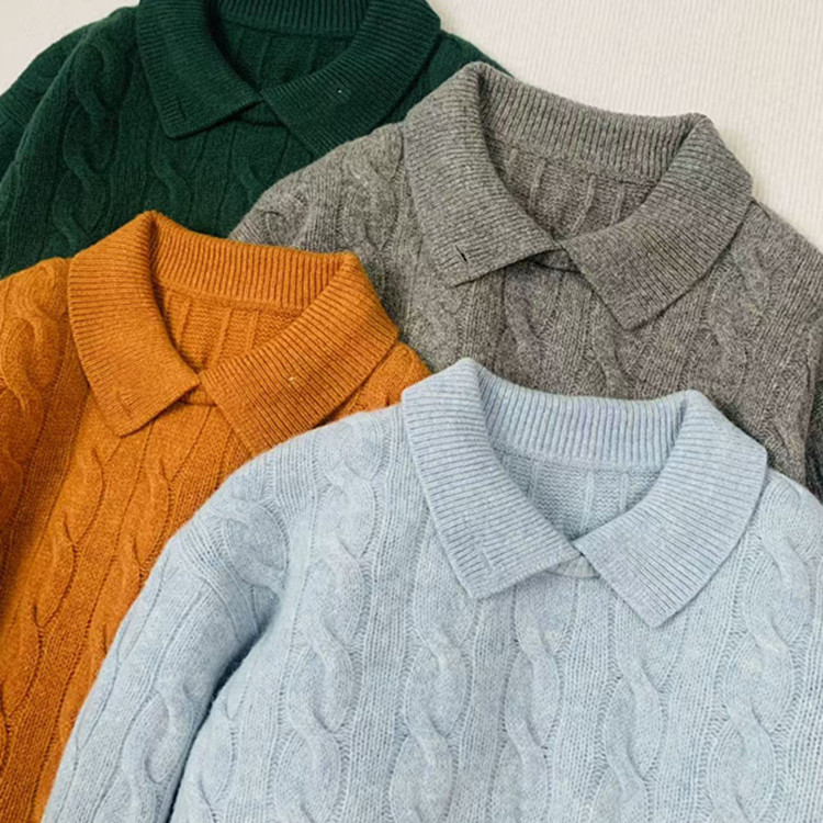 90%羊毛10%羊绒翻领麻花长袖毛衣