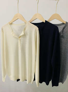 JOS*原厂极简松弛感18针圆领薄款精纺100%羊绒半开扣亨利领针织衫