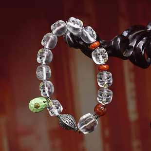 天然琉璃雕刻阿呆手串单圈玛瑙羊板眼天珠白水晶松石配饰佛珠手链