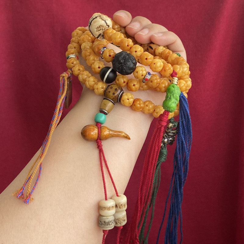 藏传牛骨雕刻镂空108佛珠念珠多圈手链藏式文玩老牦牛骨脖挂