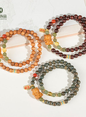 木招财猫双圈绿檀木手串新中式国