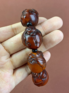 藏式天然西藏红牦牛角雕刻寿桃手