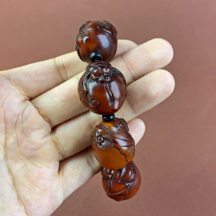 藏式天然西藏红牦牛角雕刻寿桃手串福寿如意手链男带血丝藏式文玩
