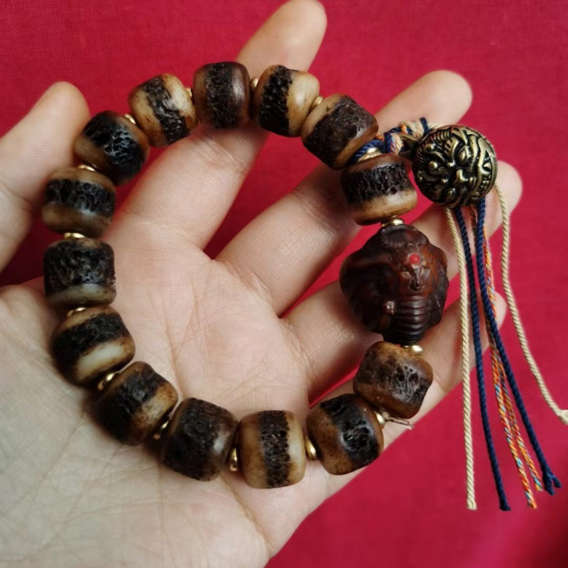藏式文玩牦牛骨老男士手串14mm桶珠头盖骨油料狮子珠DIY配饰手串