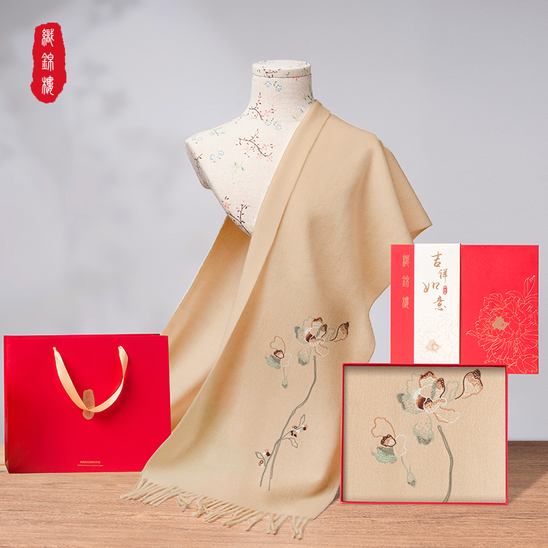 织锦楼秋冬新款100%羊毛围巾女高级保暖围巾送妈妈长辈生日礼物