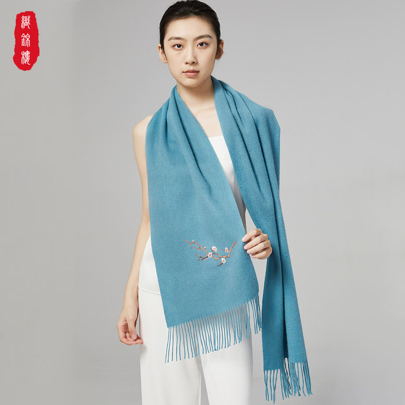 织锦楼羊毛手工绣花围巾苏绣保暖围脖苏州双面刺绣小披肩冬礼物女