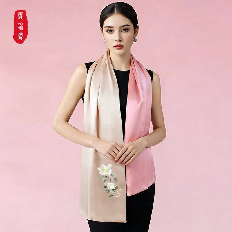 织锦楼26年新品100%真丝丝巾女手工苏绣刺绣花围巾披肩送妈妈礼物
