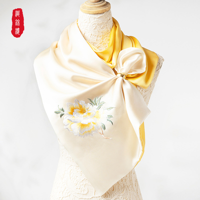 【奢华礼物】织锦楼新款手工苏绣富贵牡丹真丝巾桑蚕丝围巾送妈妈