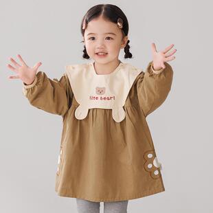 女童甜美可爱纯棉防水反穿罩衣婴幼儿宝宝吃饭防脏护衣外套围衣兜