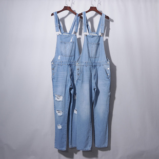 男装牛仔小脚背带裤连体牛仔裤高腰纯色大码个性深蓝长款吊带直筒