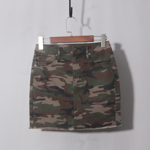 迷彩毛边包裙美式春夏新款A字复古做旧高腰牛仔半身裙女