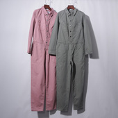 阔腿高腰收腰 酷爽牛仔连体裤 军绿粉色长袖 女士复古摩登水洗工装