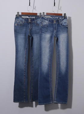 加长牛仔裤深蓝微喇175高个子美式复古牛仔裤女春秋弹力修身喇叭