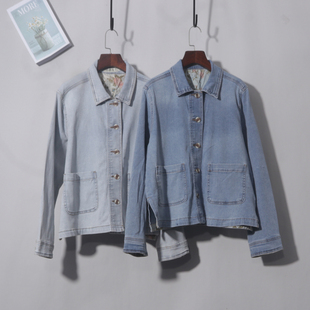 宽松短裤混纺美版牛仔外套内碎花牛仔 舒适水洗棉工装多口袋翻领