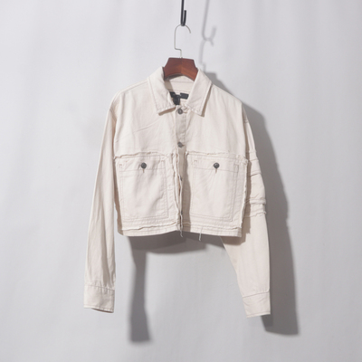 米黄纯棉牛仔短款外套牛仔上衣美式～复古工装风！夏小个子大口袋