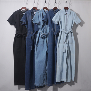 连体阔腿裤 短袖 女工装 牛仔连衣裤 连体收腰短袖