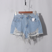 高腰显瘦拉丝破洞牛仔 新款 高腰纯棉浅蓝毛边短裤 金属链条夏装