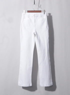 白色方口袋微喇叭裤高腰弹力牛仔裤修身显瘦拖地马蹄裤