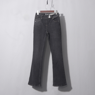 黑灰双扣微喇美式复古双扣微喇牛仔裤女春秋季新款高腰马蹄拖地