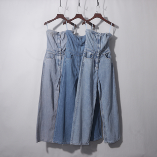 裹胸阔腿裤镂空露肩收腰抹胸牛仔连体裤高腰显瘦微胖直筒阔腿连衣