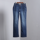 显瘦 梨形身材长裤 深蓝双扣内松紧直筒高腰直筒牛仔裤 女春秋新款