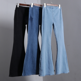 复古垂感长裤 鱼尾裤 女修身 牛仔裤 拖地加长松紧腰外贸女 超大喇叭裤