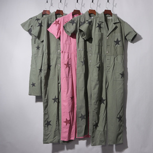 牛仔星星印染短袖连体长裤薄款休闲宽松粉色军绿牛仔工装连体裤