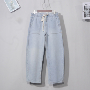 男装 美式 薄款 春夏休闲弹力宽松 淡蓝松紧腰系绳大口袋直筒马登工装