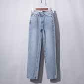 直筒 小个子宽松窄版 斜腰雪花蓝排扣直筒复古阔腿牛仔裤 加长牛仔裤