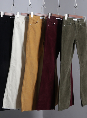 灯芯绒高腰毛边喇叭黑色加长牛仔裤阔腿复古显瘦彩色弹力外贸马蹄