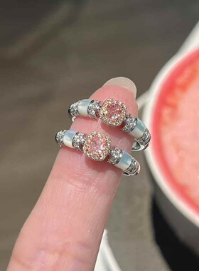 S925纯银粉钻方糖白贝母戒指vintage中古风轻奢小众设计贵气钻戒