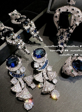 斯里兰卡蓝色猎豹宝石项链古董镀金微镶嵌扇子气质纯银针耳环套装