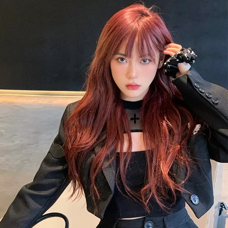 高温哑光丝长卷发齐刘海玫瑰红卷