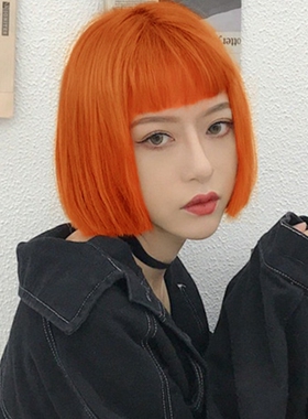 lolita无痕空气刘海假发女短发包脸甜美橙色模特街拍摄影bobo头套