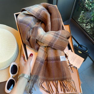 英伦格纹披肩男女情侣保暖围脖 咖色格子100%WOOL纯羊毛围巾女冬季