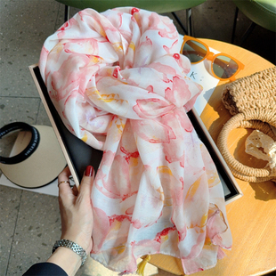 蝴蝶花朵丝巾女春夏季旅游拍照大披肩沙滩巾防晒遮阳棉麻围巾纱巾