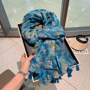 孔雀蓝树叶丝巾女春夏季防晒空调披肩沙滩巾秋天薄款棉麻围巾纱巾