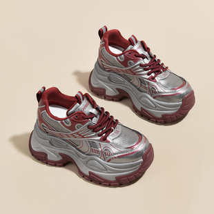 新款 8CM香港正品 内增高老爹鞋 女2026春季 显脚小厚底真皮运动女鞋