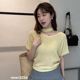 上衣 慵懒宽松收腰短袖 韩系甜美风不规则斜领挂脖镂空针织衫 女夏季