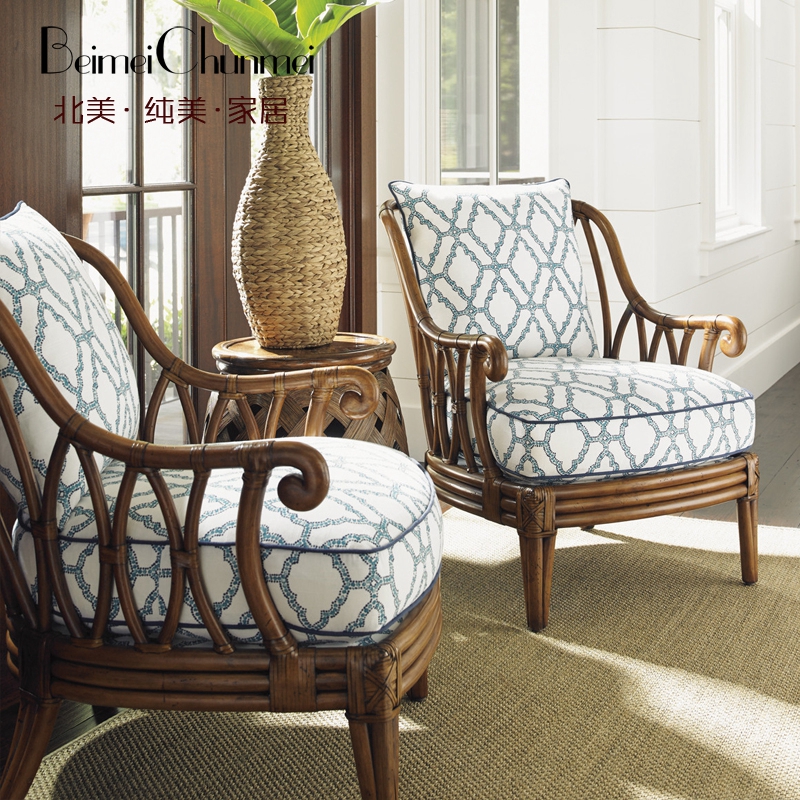 美式乡村海岛别墅阳台单人椅子竹编实木沙发别墅休闲庭院
