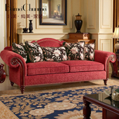 FINE精制美式 乡村复古做旧暗红色布艺沙发客厅休闲直排三人沙发