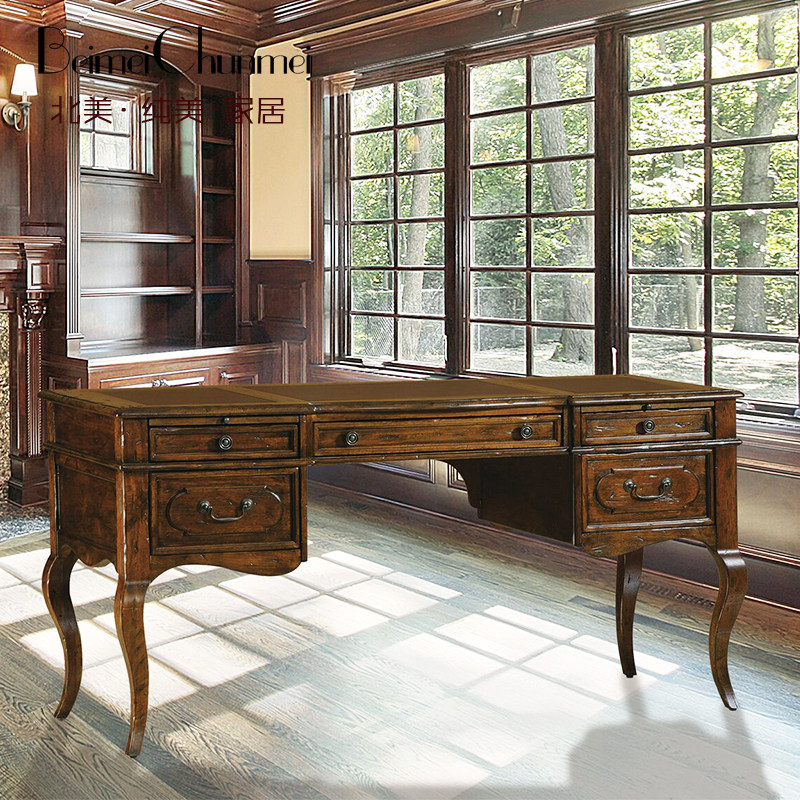 美式乡村全实木书桌台式电脑桌家用办公桌椅组合胡桃色复古写字台