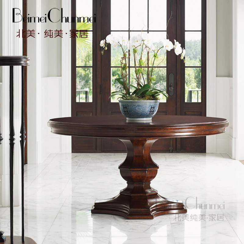 美式乡村实木圆餐6人位餐桌复古8人实木圆形饭桌台实木餐台定制