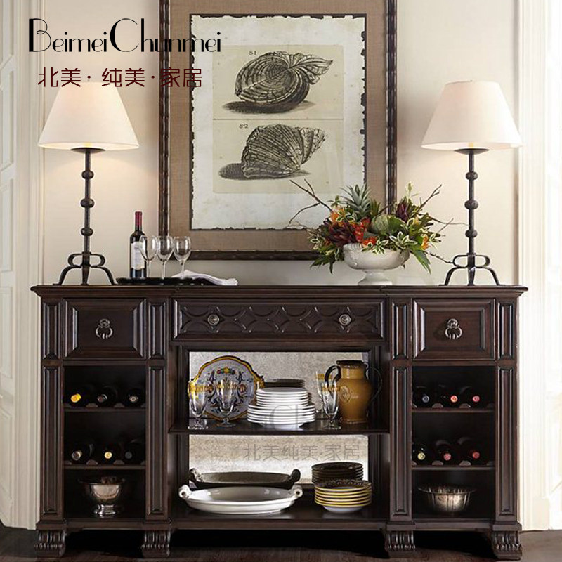 美式乡村餐实木雕花边柜 边柜储物柜碗柜 雕花茶水柜客厅装饰柜