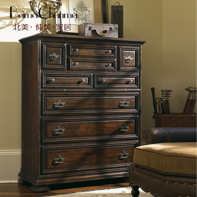 美式乡村五斗柜纯实木手工雕刻仿古储物柜多抽隔断柜玄关柜定制