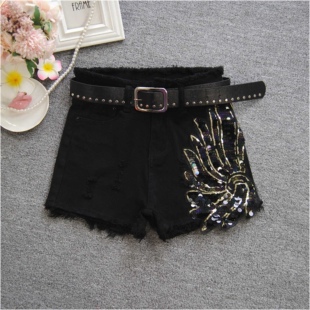 高腰牛仔短裤女装秋冬季新款时尚个性重工亮片显瘦靴裤毛边靴裤潮