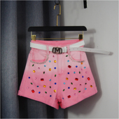 多巴胺渐变粉钉钻翻边a字阔腿显瘦热裤 粉色高腰牛仔短裤 女士夏季