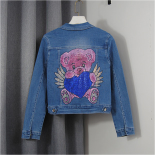 潮牌牛仔外套女春秋季2023年新款小个子修身卡通镶钻网红超火夹克