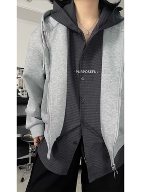 PURPOSEFUL诠度 秋冬新款 假两件衬衫连帽拉链卫衣
